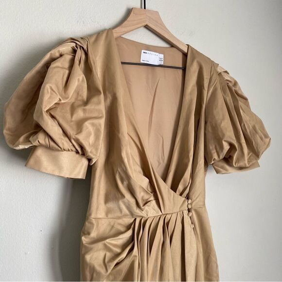 ASOS DESIGN khaki wrap front puff sleeve pleated drape front mini dress - Picture 2 of 4